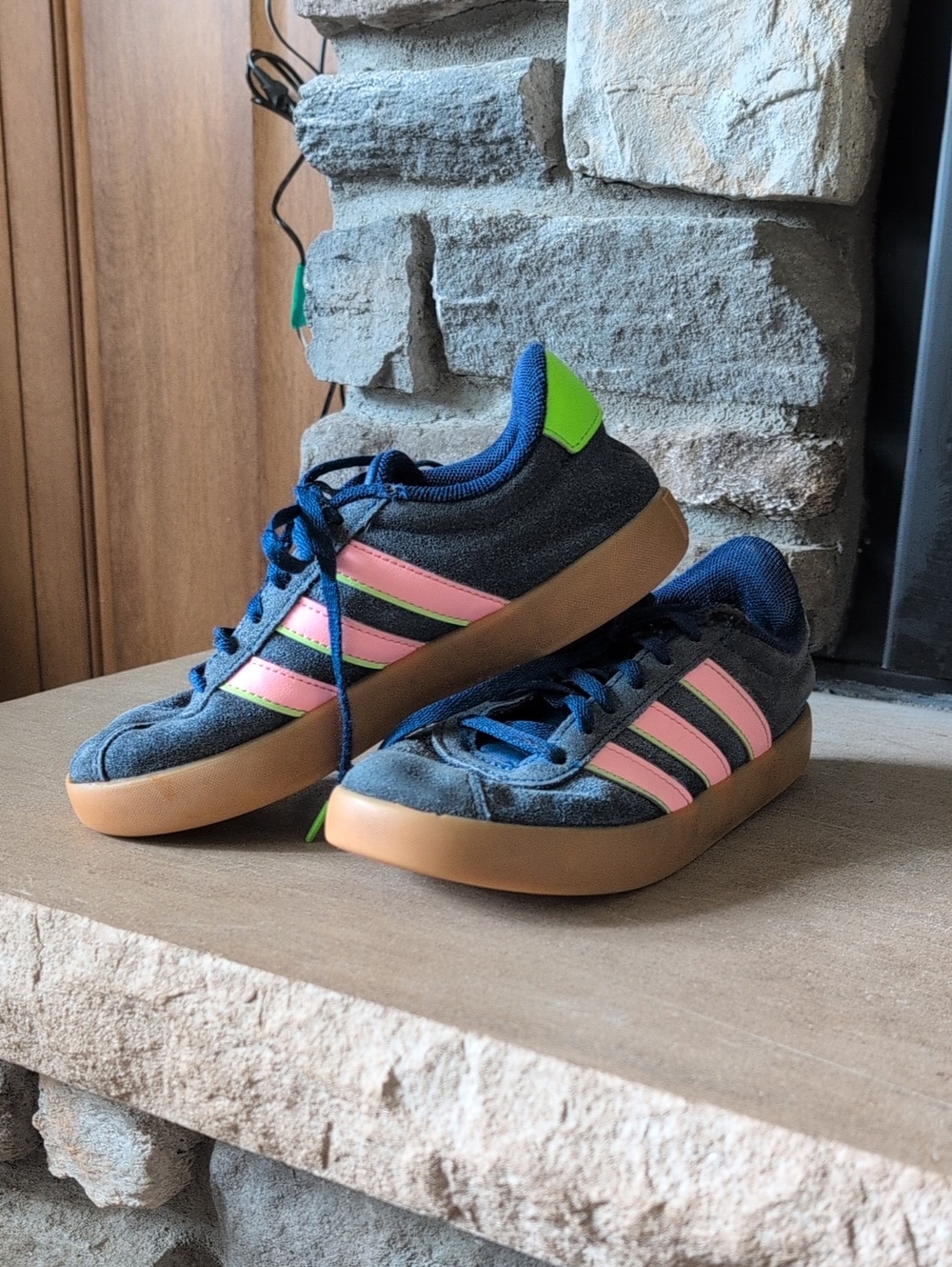 Adidas Navy Sneakers with Pink AndNeon Green Stripes and Gum Sole